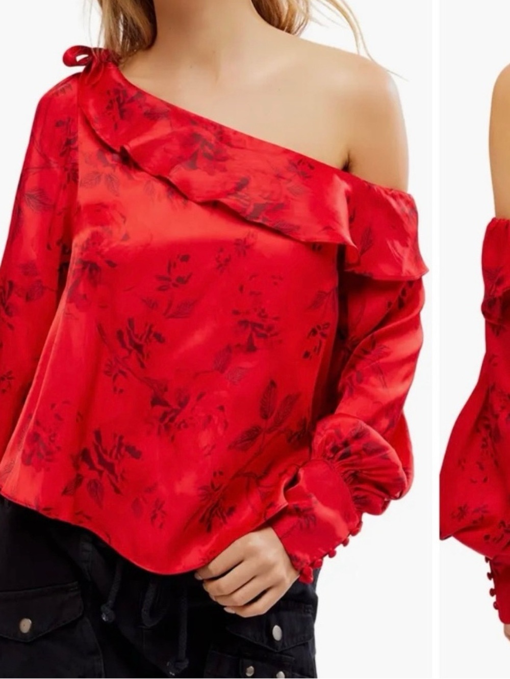NWT Free People (M) Brand New Red Satin Off-Shoulder Blouse w/ Subtle Flowers